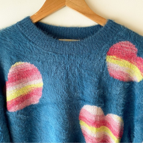Just In// Fuzzy Heart Rainbow Sweater - Denim Blue - Picture 5 of 12